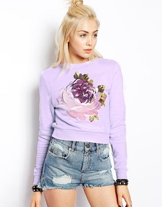 ASOS Cropped Sweatshirt with Embroidered Flower - Lilac