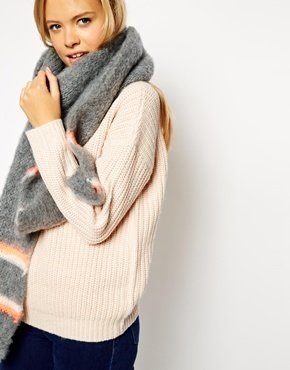 ASOS Oversized Fluffy Scarf With Pastel Stripe - Gray