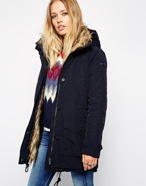 Pepe Jeans Parka With Faux Fur Lined Hood - Navy
