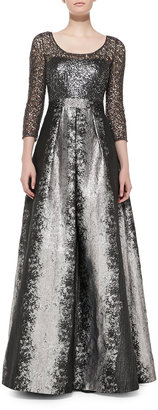 Kay Unger New York Long-Sleeve Beaded Lace-Bodice Gown