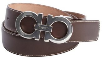 Ferragamo brown leather stitched accent gancio buckle classic belt