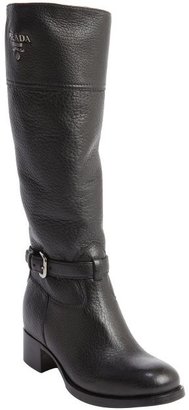 Prada black antic leather ankle strap riding boots