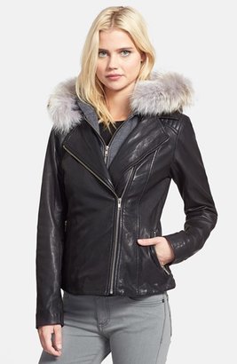 Soia & Kyo Genuine Coyote Fur Trim Leather Jacket with Knit Insert