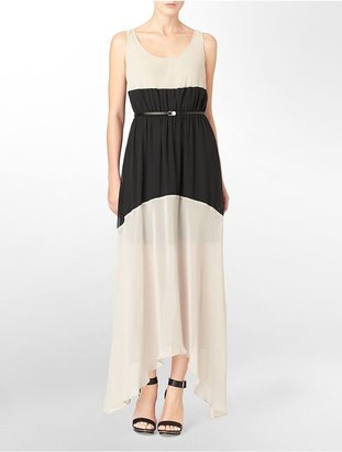 Calvin Klein Womens Colorblock Belted Sleeveless Maxi Dress