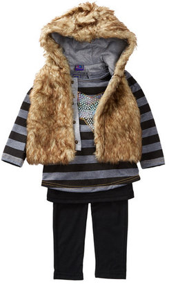OK! Kids Apparel Jacie Long Sleeve Tee, Faux Fur Vest & Skirted Tight Set (Toddler Girls)