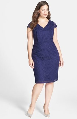 Adrianna Papell Pleat Detail Lace Sheath (Plus Size)