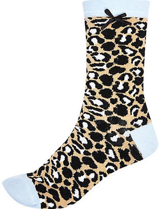 River Island Womens Beige leopard print contrast trim socks