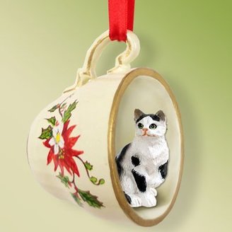 Conversation Concepts Black & White Shorthaired Tabby Cat Tea Cup Red Holiday Ornament
