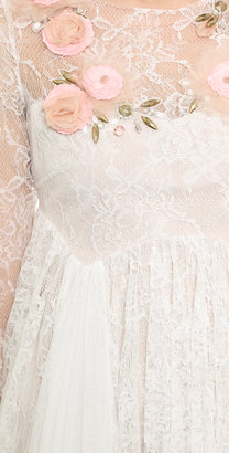 Marchesa Notte Pleated Lace Dress
