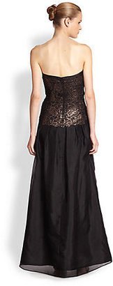 Kay Unger Lace-Bodice Strapless Silk Gown
