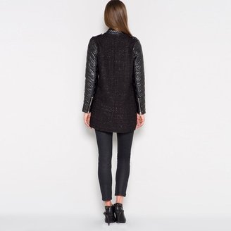 Laura Clement Mid-Length Dual Fabric Quilted Coat with Stand-Up Collar