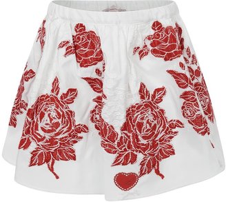 Miss Blumarine Ivory & Red Embroidered Roses Skirt