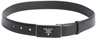 Prada black saffiano leather logo plaque belt