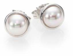 Majorica 8MM Mabe White Pearl & Sterling Silver Bezel Stud Earrings