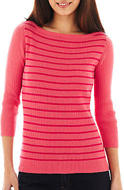 Liz Claiborne 3/4-Sleeve Striped Ribbed Sweater - Petite