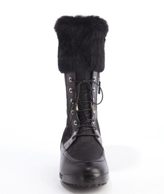 Gucci black GG nylon rabbit fur trim lace-up boots