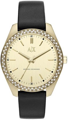 Armani Exchange Gold Dial and Black Leather Strap Ladies Watch