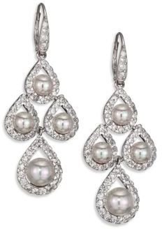 Majorica 6MM-8MM White Round Pearl & Sterling Silver Pavé Teardrop Chandelier Earrings