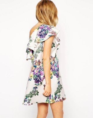 ASOS Scuba Swing Dress In Floral Print With Ruffle One Shoulder