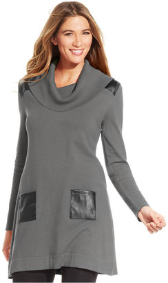 Style&Co. Cowl-Neck Faux-Leather-Pocket Sweater Tunic