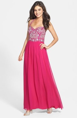 Sean Collection Beaded Bodice Chiffon Halter Gown