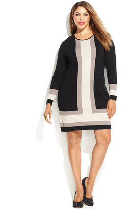 INC International Concepts Plus Size Long-Sleeve Colorblock Sweater Dress