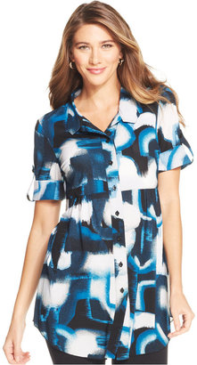 Style&Co. Petite Printed Button-Front Mesh Shirt