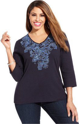 Karen Scott Plus Size Three-Quarter-Sleeve Embroidered Top