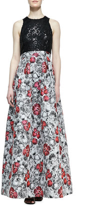Kay Unger New York Sequin-Top Floral-Skirt Ball Gown, Multicolor