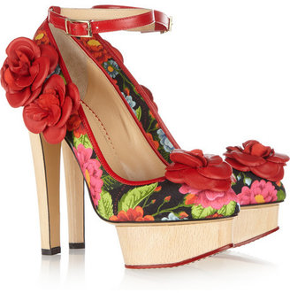 Charlotte Olympia Flora printed crepe-covered leather pumps