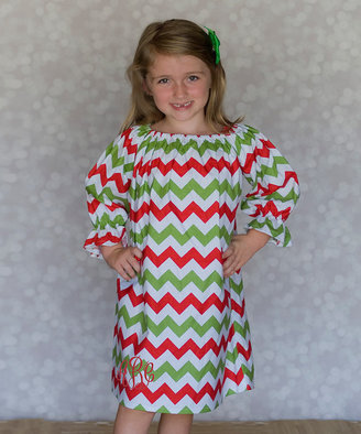 Princess Linens Green Chevron Monogram Peasant Dress - Infant, Toddler & Girls