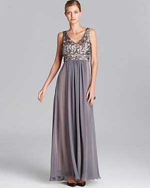Sue Wong Gown - V Neck Sequin Bodice with Chiffon Skirt