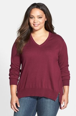 Vince Camuto Zip Detail V-Neck Sweater (Plus Size)