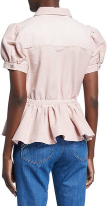 See by Chloe Puff-Sleeve Button-Down Peplum Top with Tie Waist
