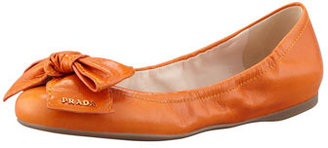 Prada Leather Logo Bow Scrunch Ballet Flat, Papaya