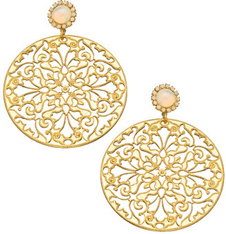 Liz Palacios White Caboche and Large Gold Filigree Disc Earrings