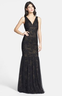 Monique Lhuillier ML Bridesmaids Shirred Tulle Overlay Lace Trumpet Dress