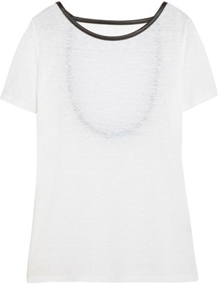 Alice + Olivia Leather-trimmed slub linen-blend jersey T-shirt