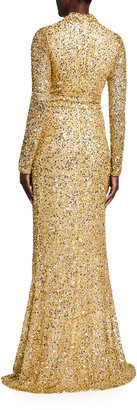 Badgley Mischka Sequin Long-Sleeve Wrap Gown
