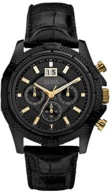 GUESS Men's black leather strap watch