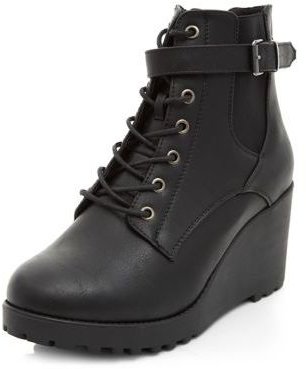 New Look Wide Fit Black Lace Up Elasticated Wedges