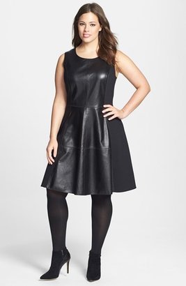 Sejour Leather & Ponte Knit Fit & Flare Dress (Plus Size)