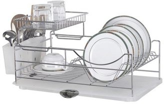 Sakura Two-tiers Compact Dish Rack / Kitchenware Dish Drying Rack / Dish Drainer with Removable Plastic Tray and Extendable Stainless Steel Drip Tray, Iron with Chrome Finished, Easy to Assemble