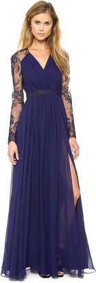 Badgley Mischka Lace Sleeve V Neck Gown