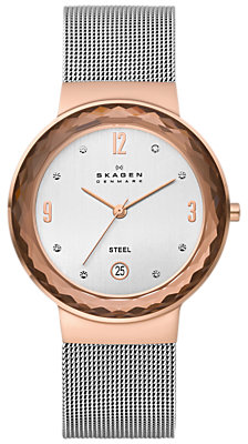 Skagen 456LRS Women's Faceted Bezel Stainless Steel Mesh Bracelet Strap Watch, Silver/White