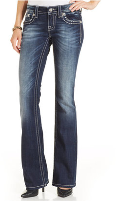 Miss Me Distressed Lace-Inset Bootcut Jeans, Dark Blue Wash
