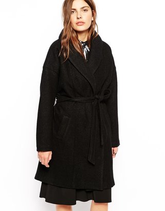 Just Female Belted Coat With Oversized Collar - Black