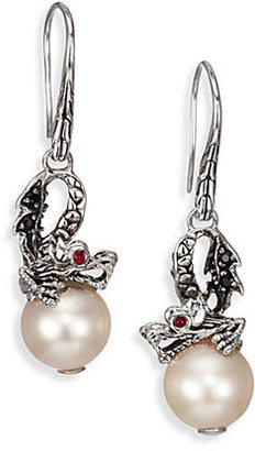 John Hardy Naga 10.5MM-11MM White Freshwater Pearl, Black Sapphire, Ruby & Sterling Silver Dragon Drop Earrings