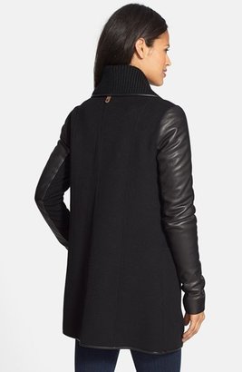 Mackage Double Face Wool Blend Coat with Knit Collar & Leather Trim