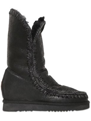 Mou 70mm Crackled Shearling Wedged Boots